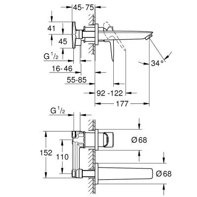 Cмеситель для раковины Grohe BauLoop New на 2 отверстия, настенный монтаж M-Size (20289001) Cмеситель для раковины Grohe BauLoop New на 2 отверстия, настенный монтаж M-Size (20289001)