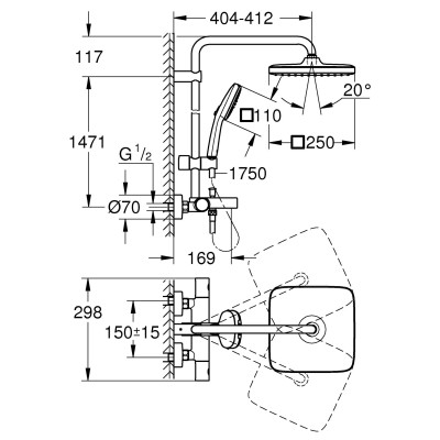 Душевая система Grohe Tempesta System 250 Cube настенного монтажа с термостатом для ванны (26691001) Душевая система Grohe Tempesta System 250 Cube настенного монтажа с термостатом для ванны (26691001)