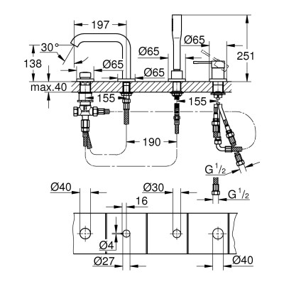 Смеситель однорычажный Grohe Essence для ванны на 4 отверстия (25251KF1) Смеситель однорычажный Grohe Essence для ванны на 4 отверстия (25251KF1)